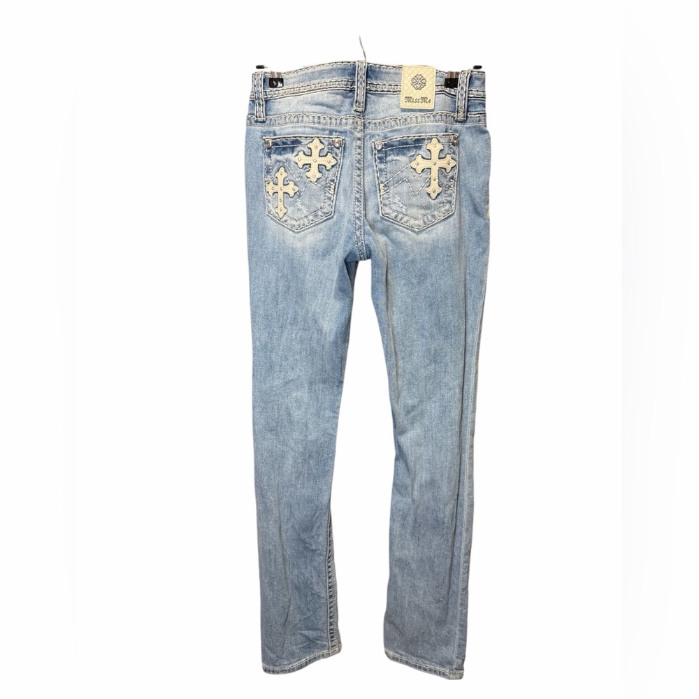 Miss Me Jeans Sz 27 Mid Rise Straight Light Wash Rhinestone Cross Y2K